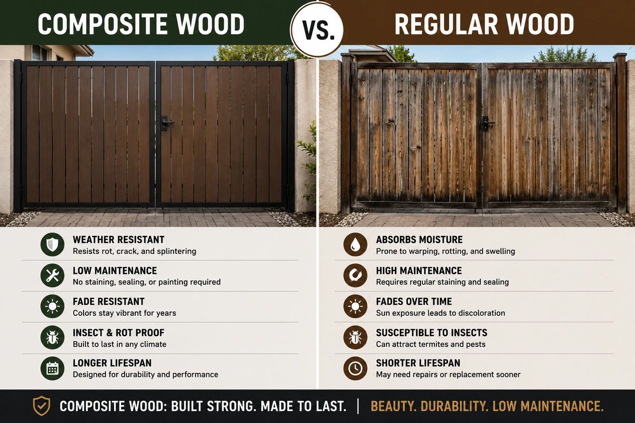 Comparison of composite wood and regular wood gates showing durability and maintenance differences.