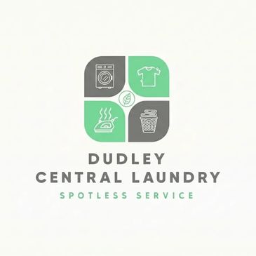 Logo for Dudley Central Laundry featuring laundry icons and a leaf symbol.