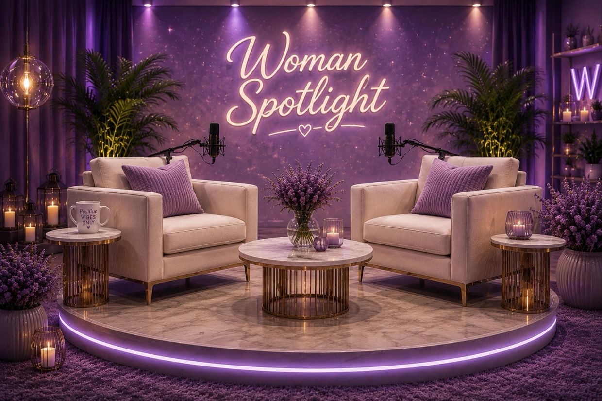 A cozy purple-themed talk show set titled 'Woman Spotlight'.