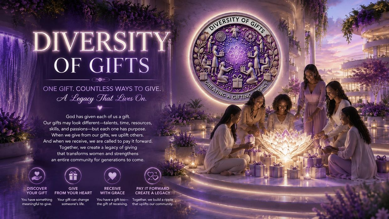 Women gathered around glowing lotus with gifts, symbolizing a legacy of giving and community upliftment.