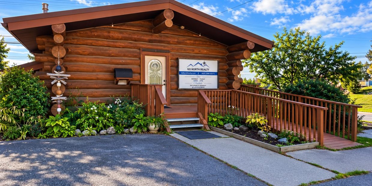 Go North Realty office in Homer, Alaska, featuring a log building, sign, and landscaped gardens.