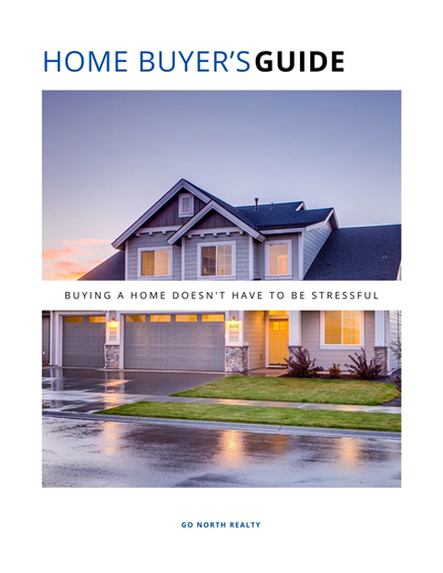 Go North Realty Home Buyer’s Guide cover showing a two-story home at dusk.