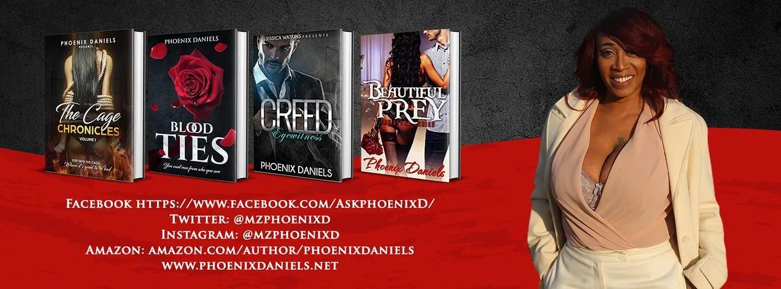 Author Phoenix Daniels showcases her book collection alongside her social media and website links.