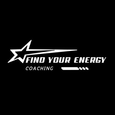 Logo with a shooting star and text 'Find Your Energy Coaching' on black.