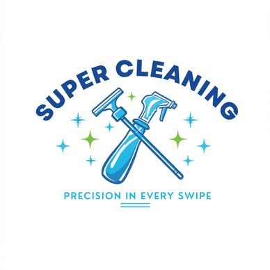 Logo with cleaning tools and slogan for Super Cleaning service.
