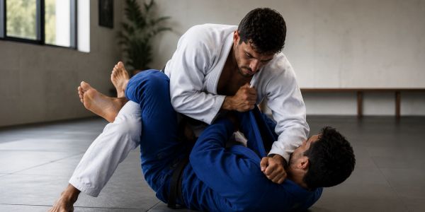 Two men practicing Brazilian Jiu-Jitsu sparring indoors.