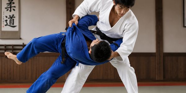 Two martial artists in white and blue uniforms practicing a dynamic judo throw.