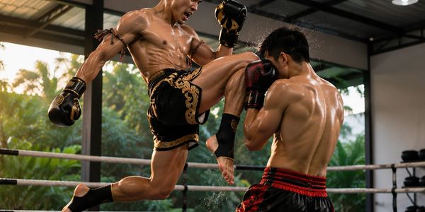 Two men engaged in an intense Muay Thai fight inside a ring.