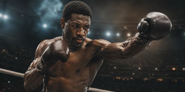 Focused boxer throwing a punch in a dimly lit arena.