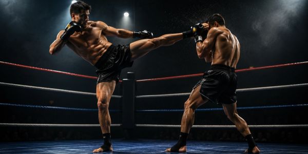 Two fighters in a boxing ring during an intense kickboxing match.