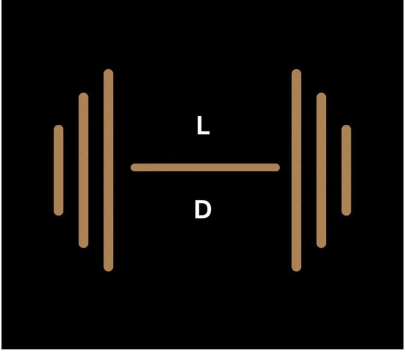 Stylized brown barbell icon with letters L and D on black background.