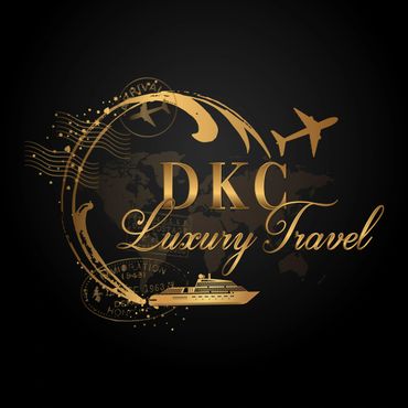 Elegant gold logo for DKC Luxury Travel with airplane and cruise ship icons.