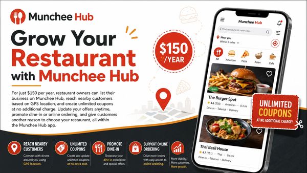 Advertisement for Munchee Hub's restaurant growth service at $150/year.