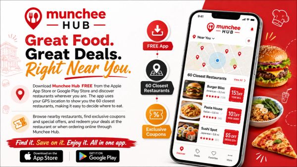 Munchee Hub app for finding nearby restaurants and deals.