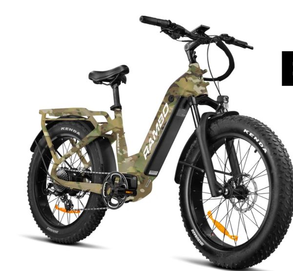 Camouflage electric bike with fat tires and rear rack.