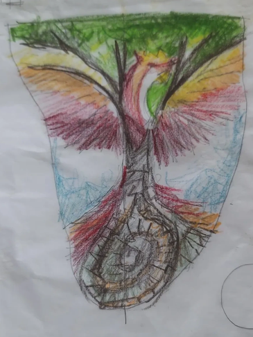 Colored sketch of a phoenix rising from a tree.
