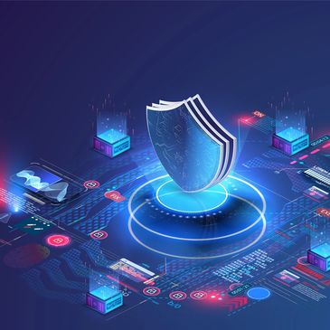 Digital shield symbolizing cybersecurity and data protection.