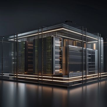 A futuristic data center with illuminated servers enclosed in glass.