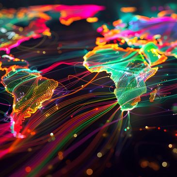 A vibrant digital map of the world with neon lines connecting continents.