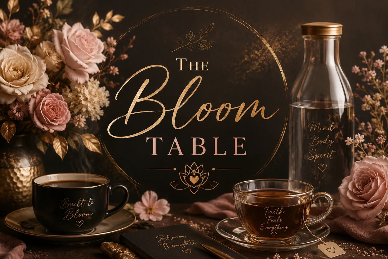 Elegant tea setup with inspirational text and flowers.