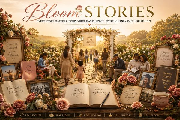 A warm, floral scene depicting people sharing personal stories under the theme 'Bloom Stories'.