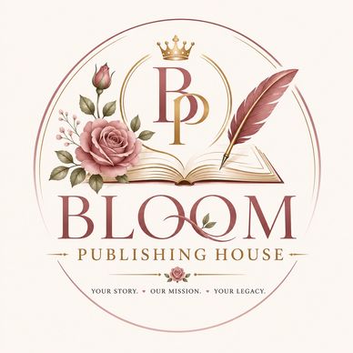 Elegant logo of Bloom Publishing House with floral and literary elements.