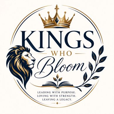 Logo with a crowned lion and floral elements, titled 'Kings Who Bloom'.