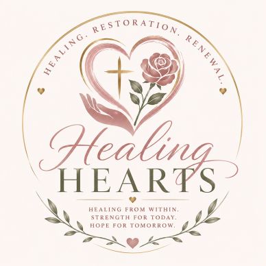 Elegant logo with heart, cross, rose, and healing message.