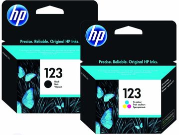 Two HP 123 ink cartridge packages, one black and one tri-color.