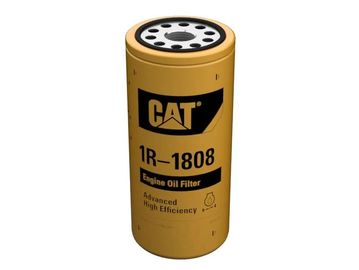 Yellow CAT engine oil filter 1R-1808 with high efficiency design.
