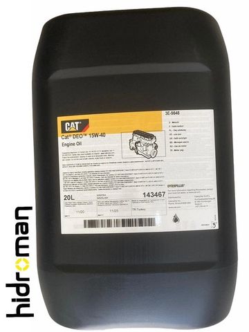 20-liter container of CAT DEO 15W-40 engine oil for heavy machinery.