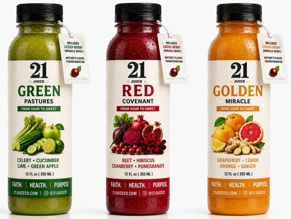 Three 21 Juice bottles: Green Pastures, Red Covenant, Golden Miracle, each with fresh fruit and vegetable ingredients.