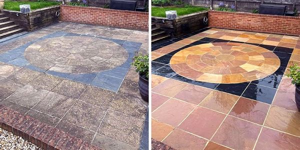 before and after power washing of stone patio
