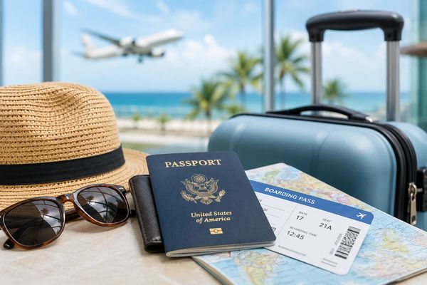 Travel essentials including a US passport, boarding pass, sunglasses, hat, and suitcase by the sea.