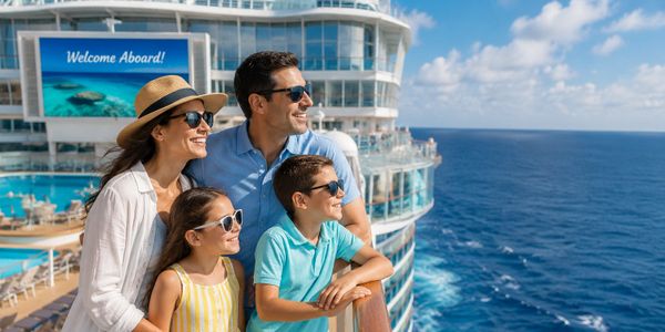 Family enjoying a sunny cruise with ocean views and a welcome aboard sign.