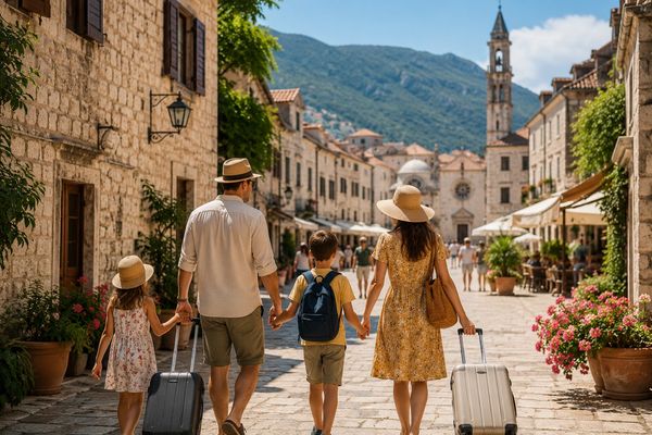 Family walking with luggage in a charming old town on a sunny day.