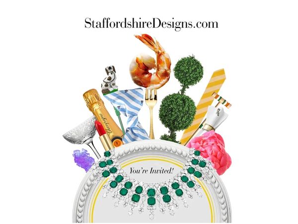 Invitation collage with shrimp, champagne, jewelry, and greenery from StaffordshireDesigns.com.