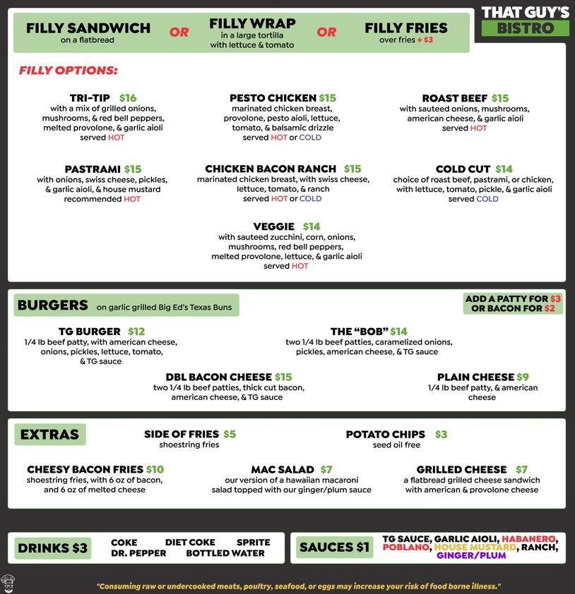 Menu featuring Philly sandwiches, burgers, extras, drinks, and sauces with various options.