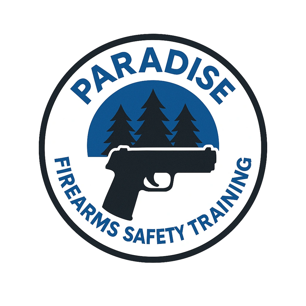 Logo for Paradise Firearms Safety Training with a gun and pine trees.