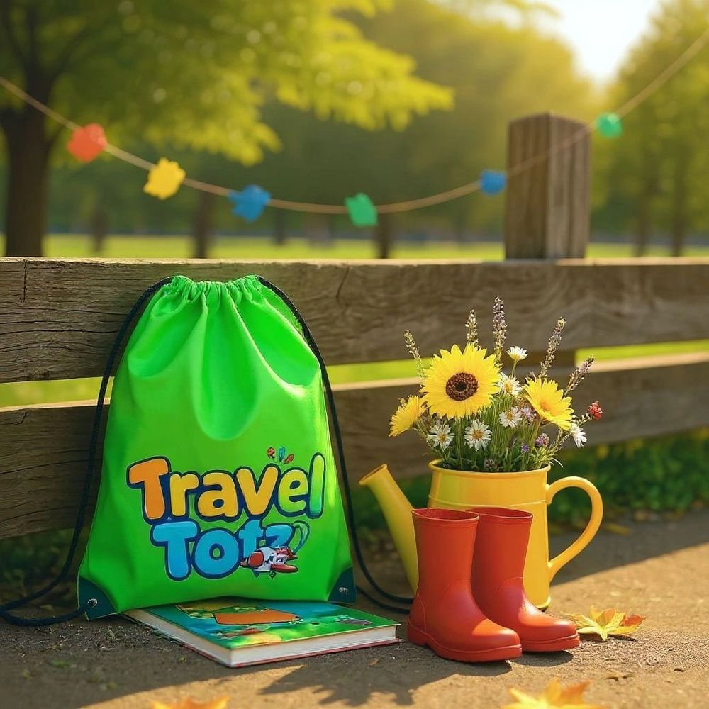 Bright green Travel Totz bag next to red boots and a yellow watering can with flowers outdoors.