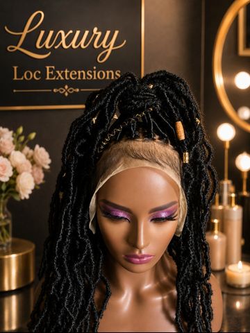 Mannequin with luxurious black loc extensions and elegant makeup.