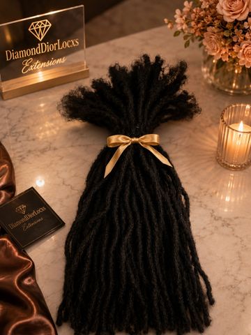Black faux locs extensions tied with a gold ribbon on marble surface.
