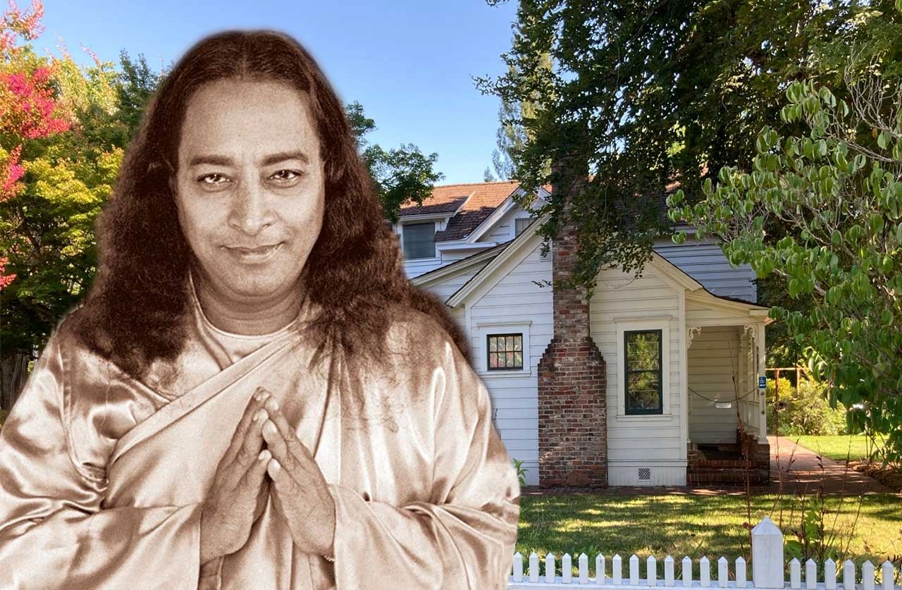 Paramahansa Yogananda's photo superimposed on a scene of at the Luther Burbank Home and Gardens in d