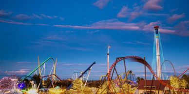 Amusement park at dusk with illuminated rides and roller coasters under a blue sky.