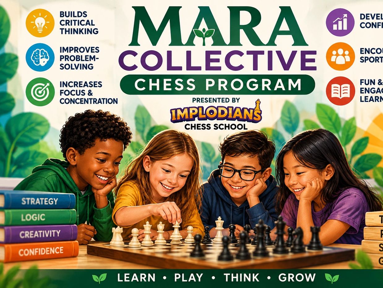 Four children playing chess in the Mara Collective Chess Program.