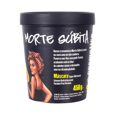 Pot of Morte Súbita intense hydrating hair mask with vintage pin-up girl illustration.