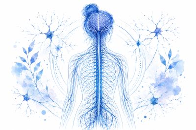 Artistic blue illustration of the human nervous system with neurons and foliage.