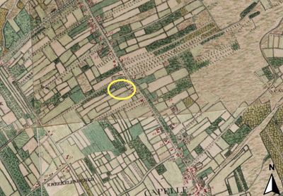 Ferraris kaart zone tussen Kapellen en Putte met ook de locatie van het huidige Starrenhof (cirkel)