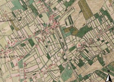 Ferraris kaart, directe omgeving van Kapellen- centrum (1771-1778) (Geopunt)