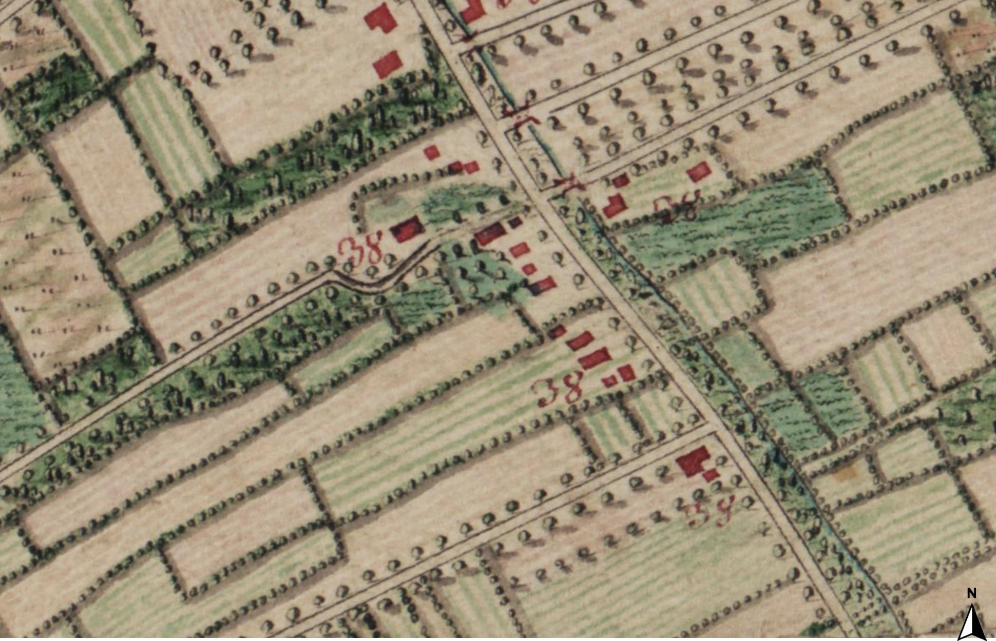 Detail van de Ferraris kaart, locatie van het huidige Starrenhof (1771-1778) (Geopunt)